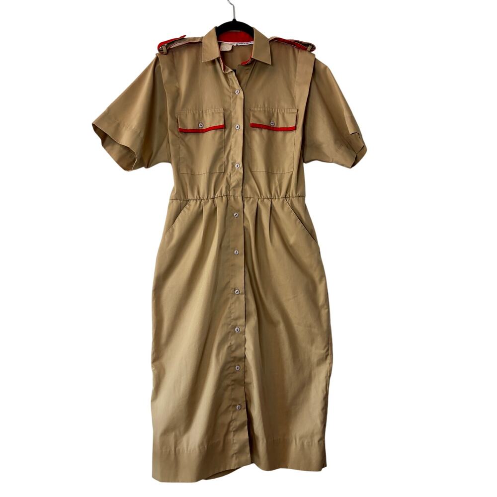 1980s California Girl Military Safari Dress Tan Khaki Red Trim Shirtwaist
